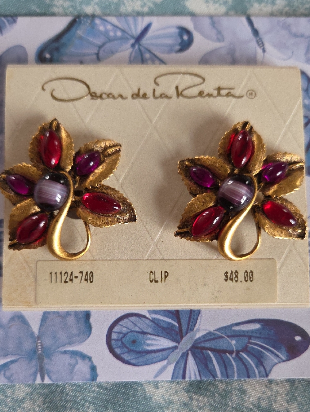 Oscar de la Renta Gold Floral Clip Earrings with Red and Purple Stones Vintage